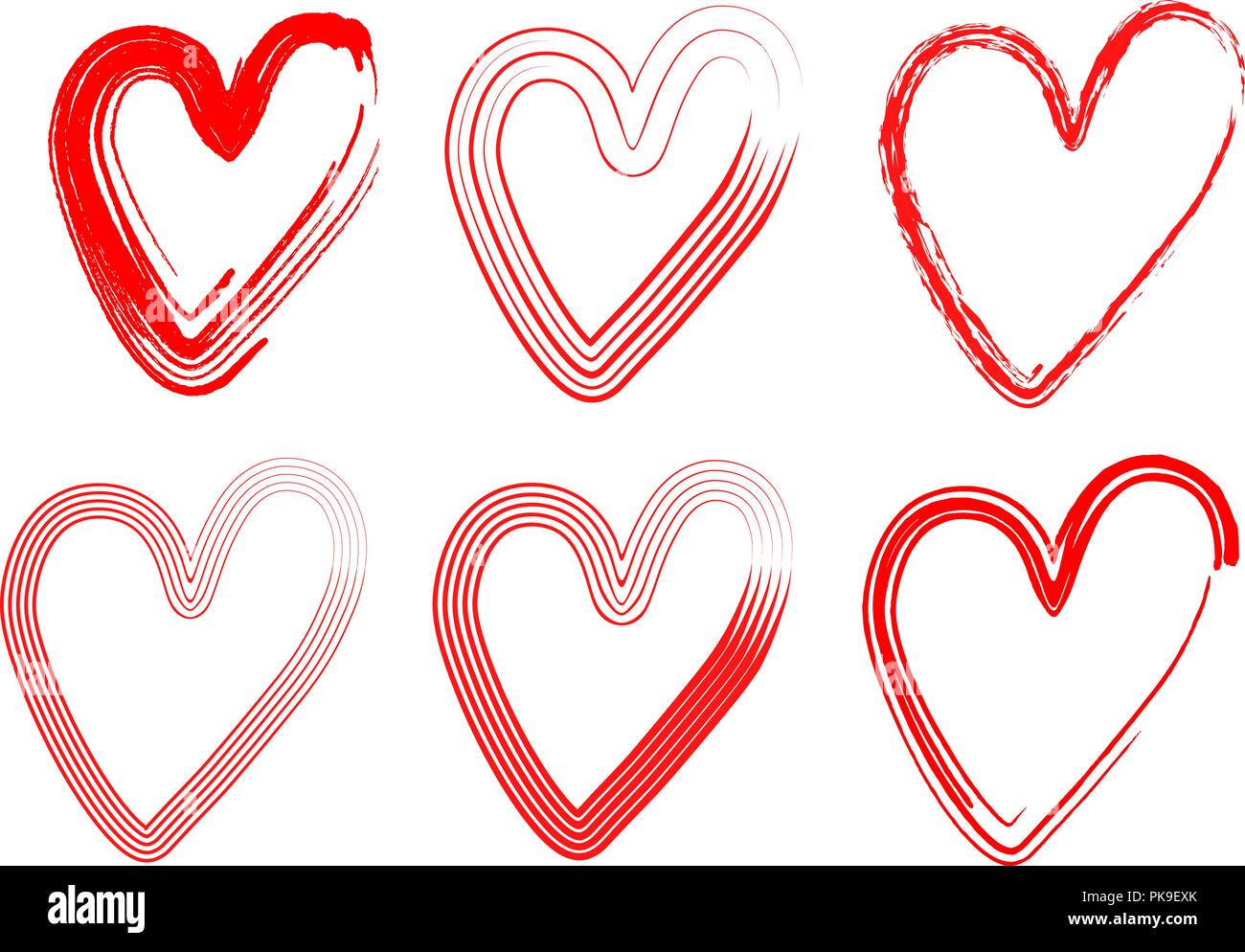 set of hearts with a brush, drawing by hand. Vector grunge style icons. Love symbol with dry