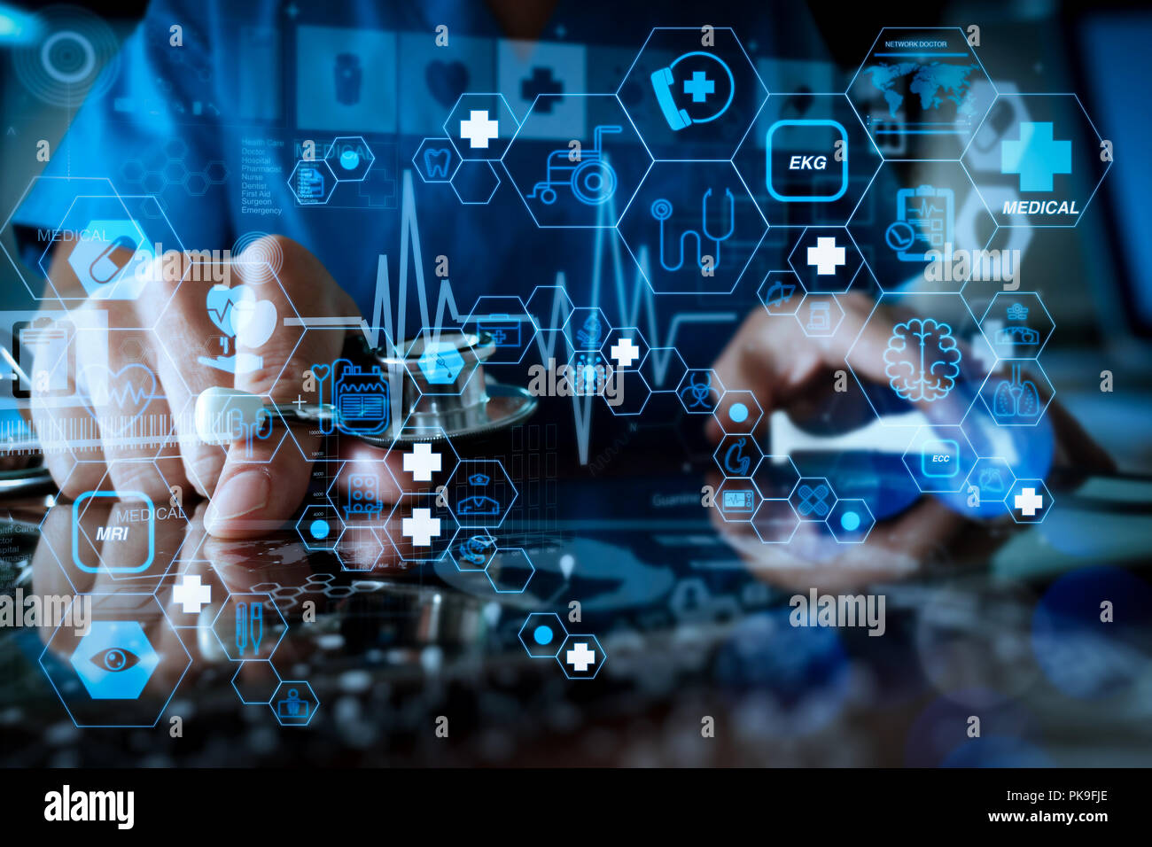 Health care and medical technology services concept with flat line AR ...