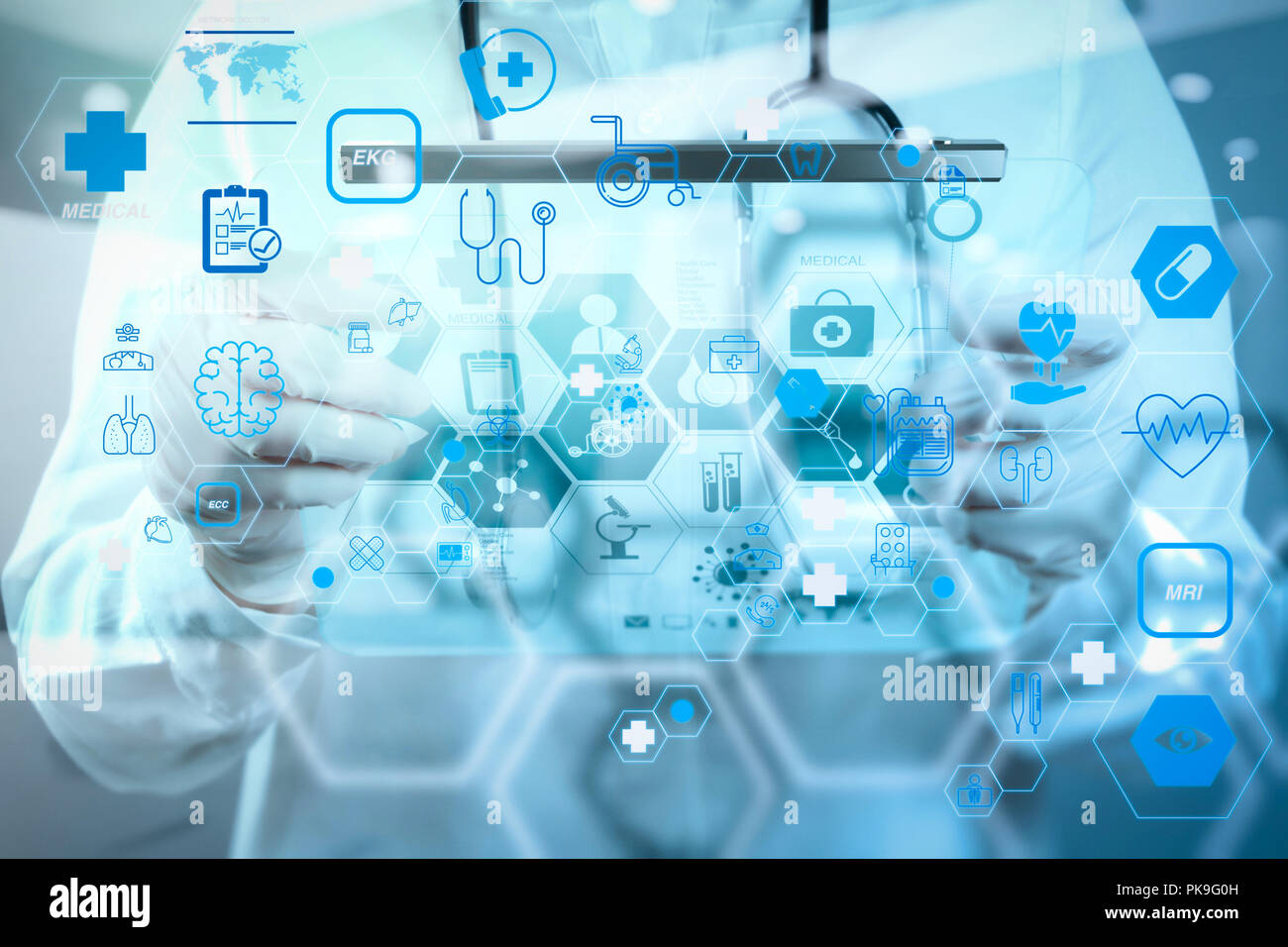 Health care and medical technology services concept with flat line AR ...