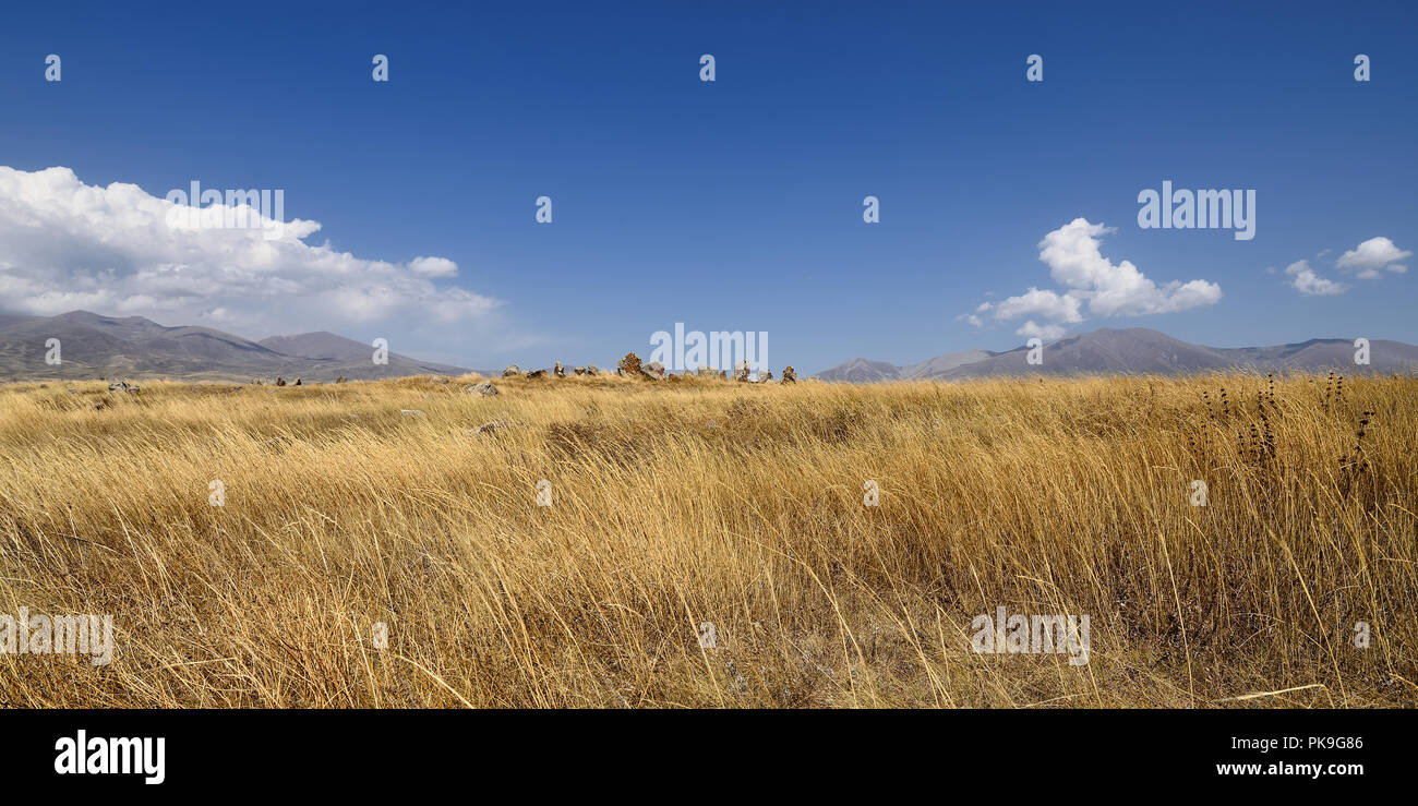 Armenia, Ancient observatory called Zorats Karer or Karahunj near Sisian city, Armenian Stonehenge. Prehistoric archaeological megalithic site Stock Photo