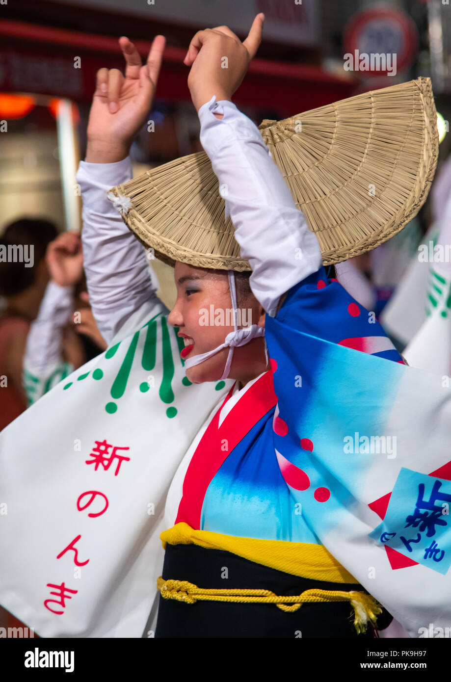 Japanese girl with straw hat during the Koenji Awaodori dance summer street  festival, Kanto region, Tokyo, Japan Stock Photo - Alamy