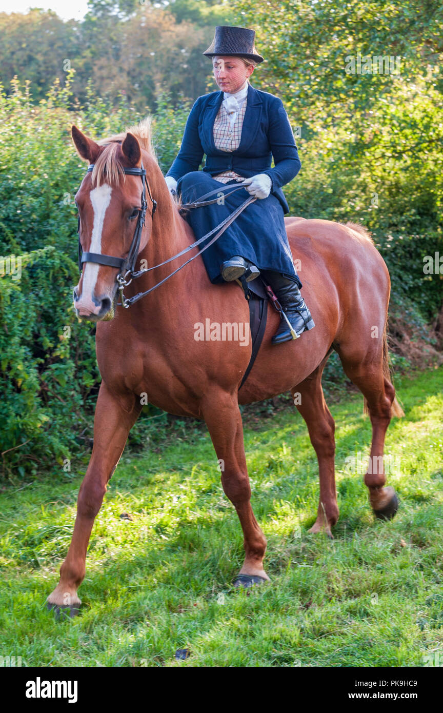 traditional side saddle wearing top hat 