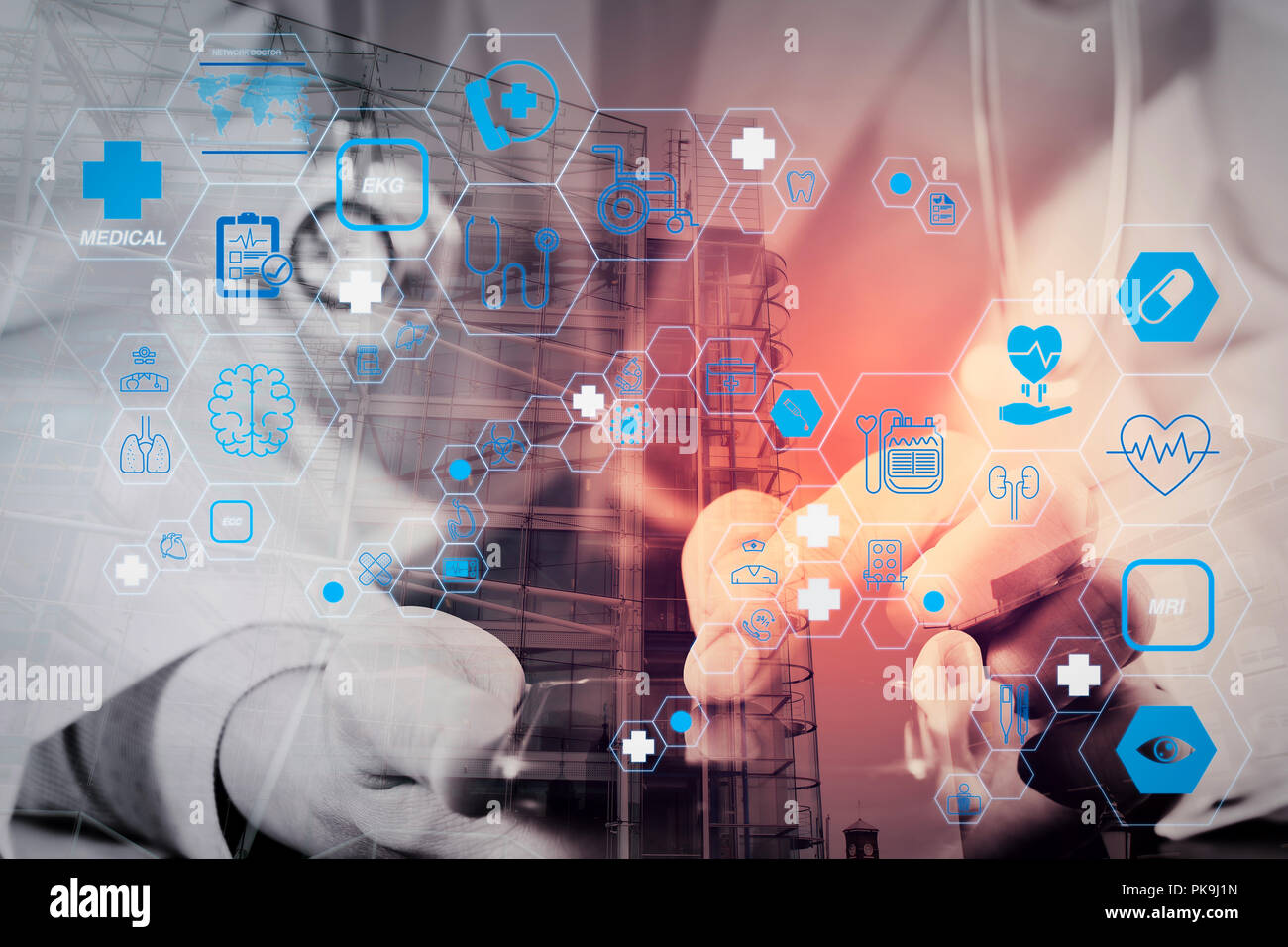 Health care and medical technology services concept with flat line AR ...