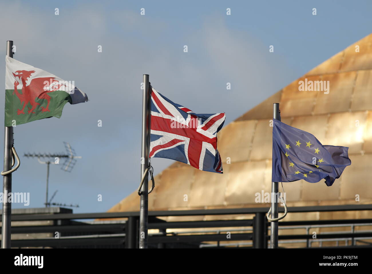 The Senedd, Cardiff, UK, October 2017, Flags flying Y Ddraig Goch, The Union Jack and EU flag outside The National Assemble for Wales, Y Senedd Stock Photo