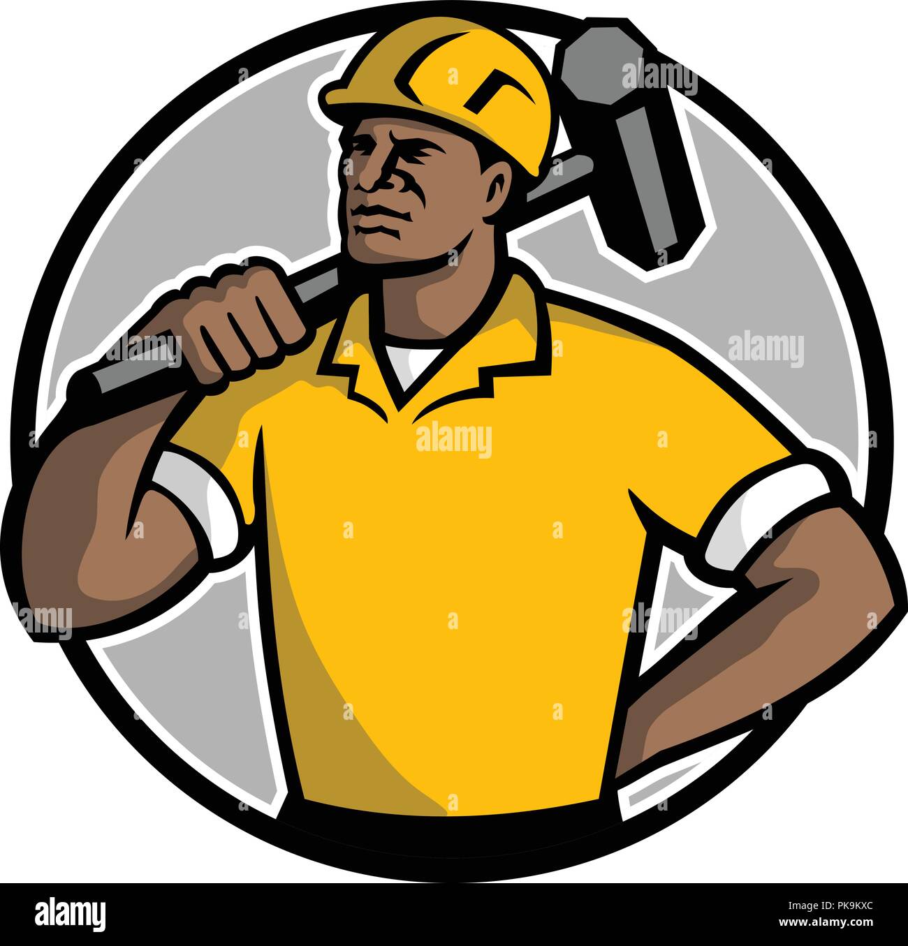 Mascot illustration of a black African American demolition worker, laborer or construction worker with sledgehammer set inside circle on isolated whit Stock Vector