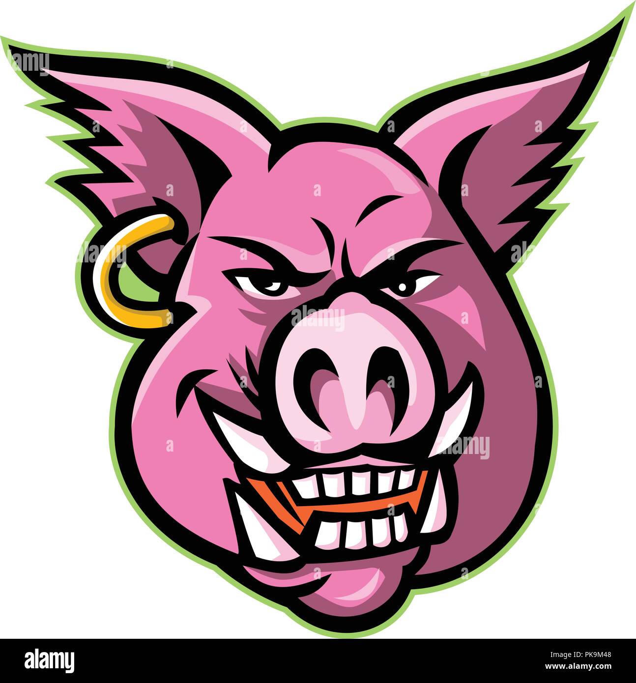 Mascot icon illustration of head of a pink wild pig, boar or hog wearing an earring  viewed from front on isolated background in retro style. Stock Vector