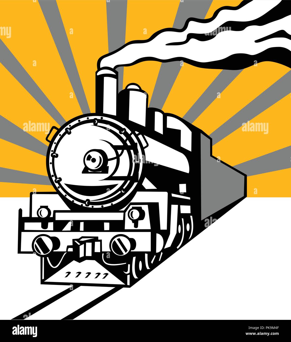 Retro style illustration of a vintage steam engine train or locomotive going towards the viewer with sunburst in background on isolated background. Stock Vector
