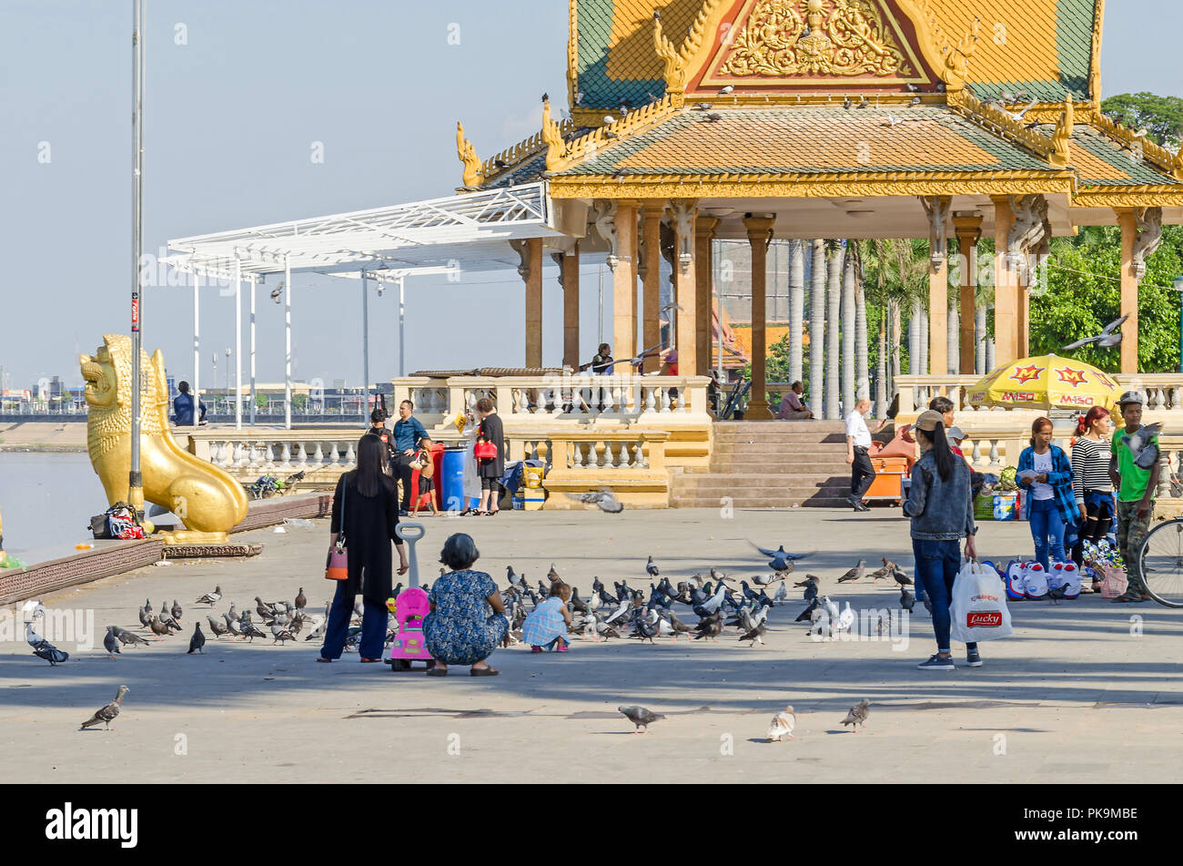 Phnom Penh, Cambodia - April 9, 2018: Preah Sisowath Quay, a riverside public promenade along the  Tonle Sap river with an open space Stock Photo