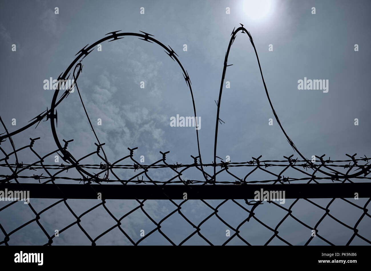View of a razor barbed wire at full moon night, imprisonment concept. Stock Photo
