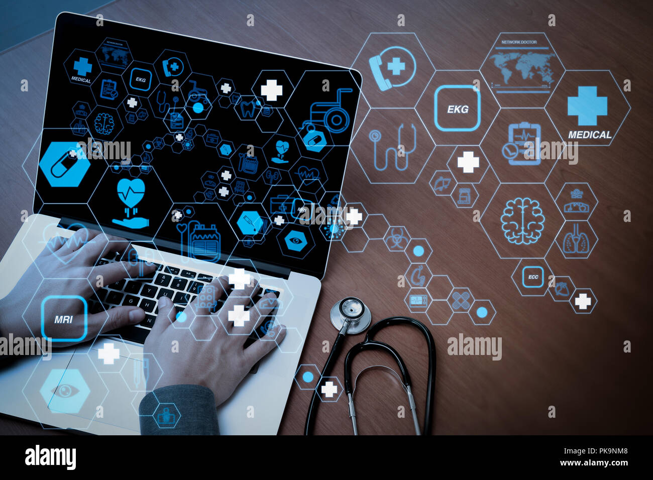 Health care and medical technology services concept with flat line AR ...