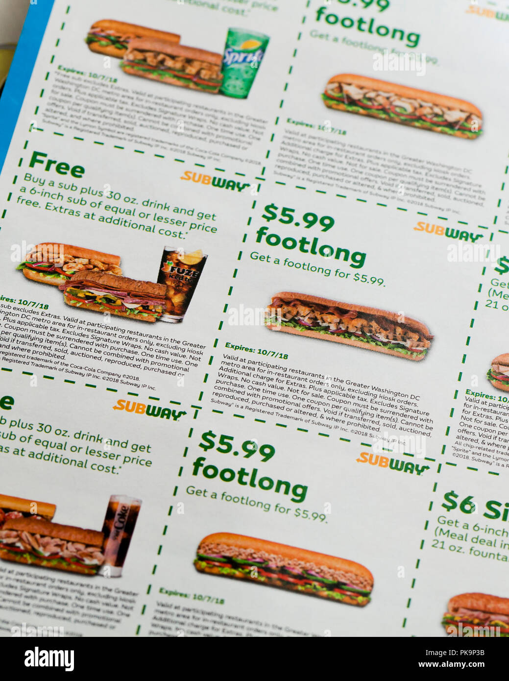 Subway sandwich coupons (fast food coupon) - USA Stock Photo