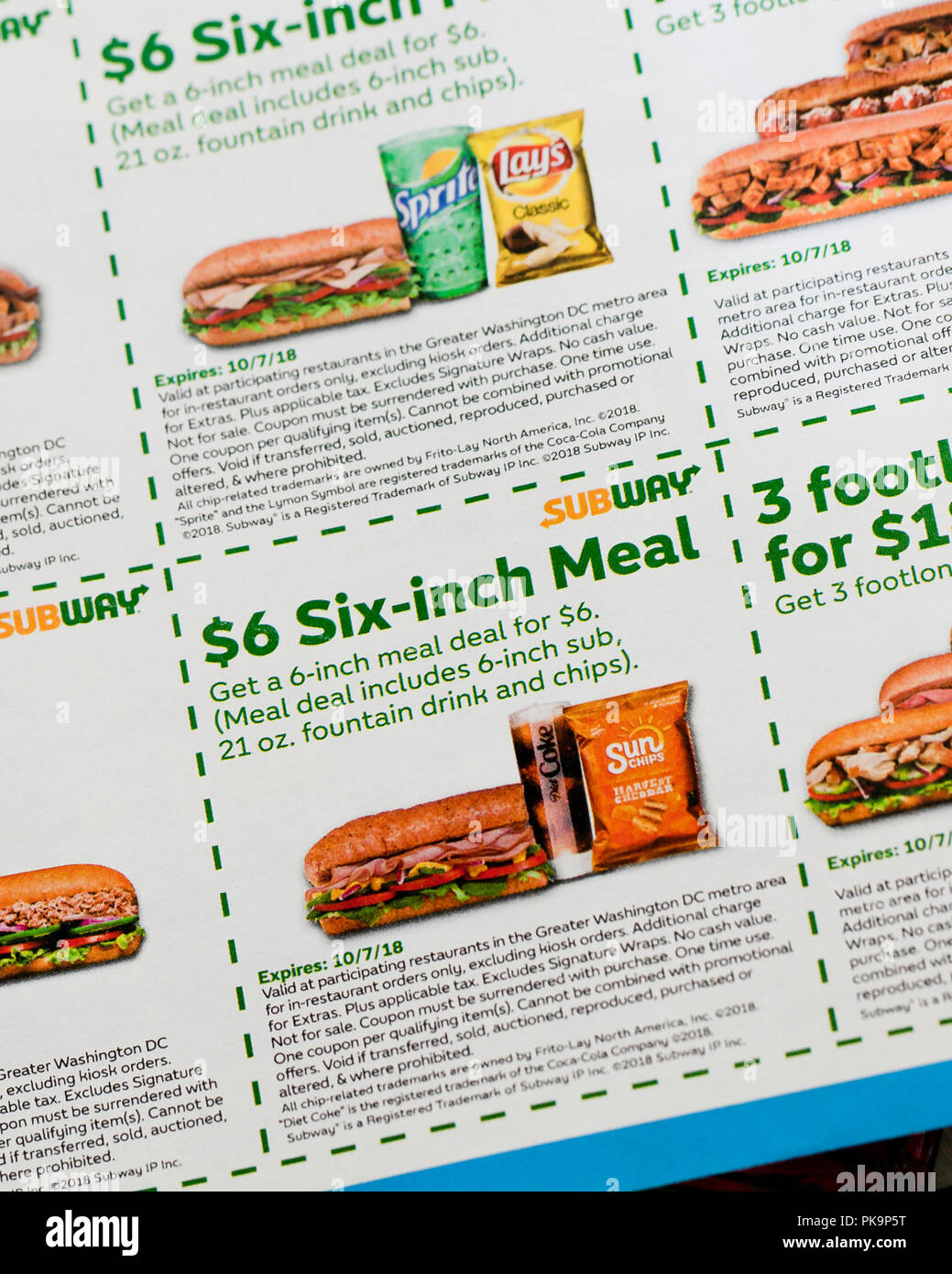 Subway sandwich coupons (fast food coupon) - USA Stock Photo