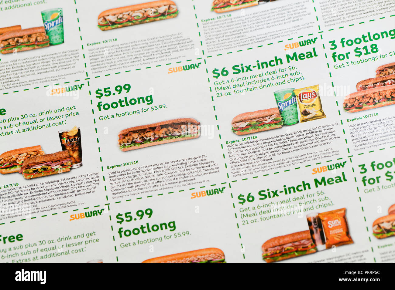 Subway sandwich coupons (fast food coupon) - USA Stock Photo