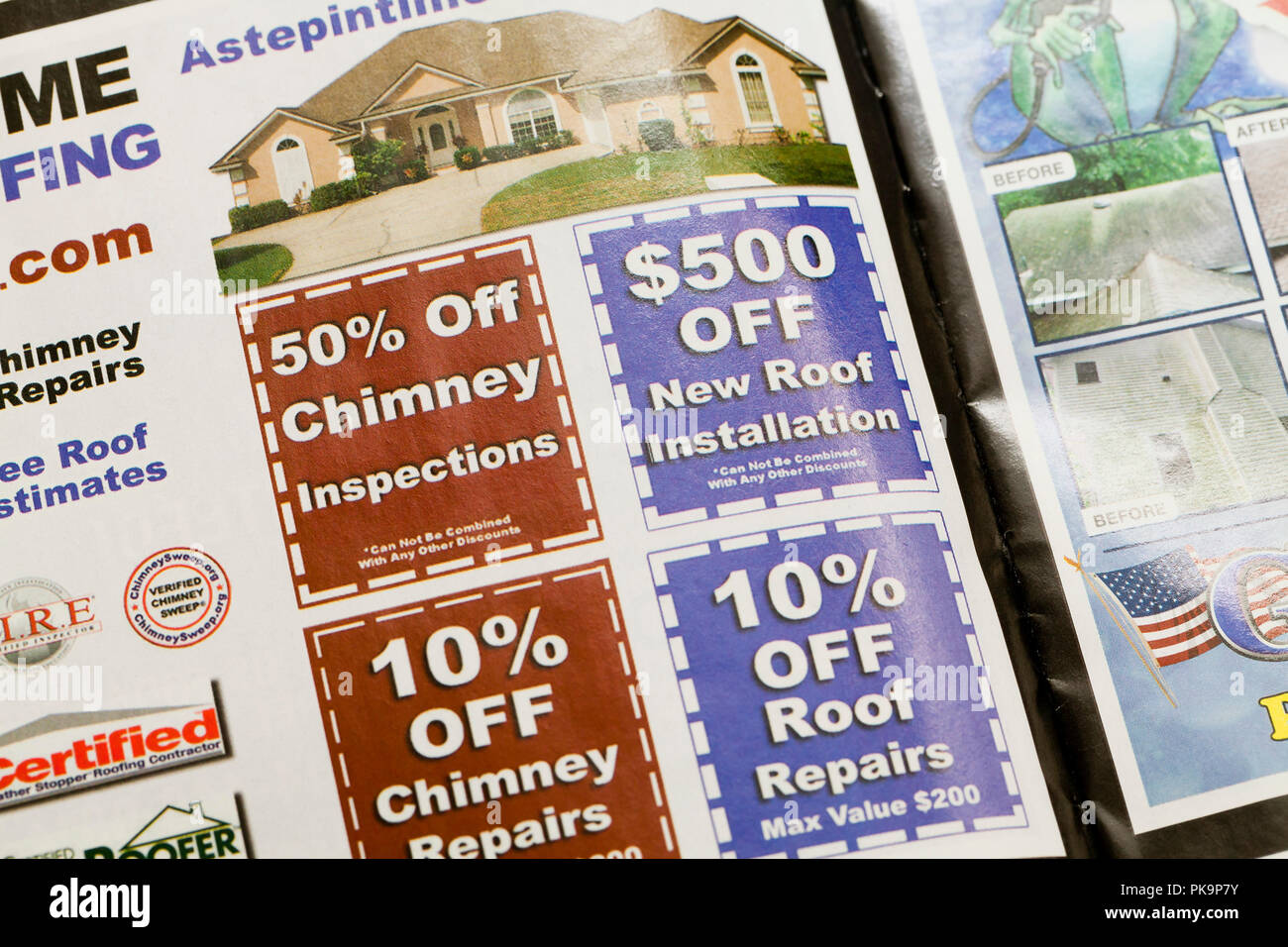 Chimney cleaning and roofing service ad - USA Stock Photo