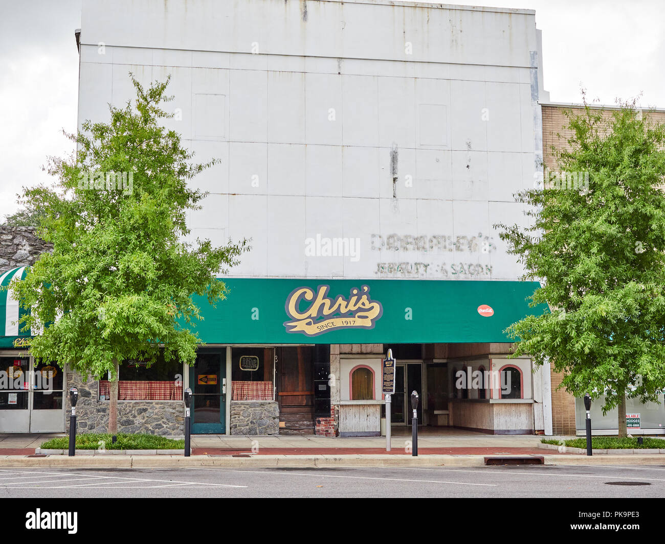 Front exterior entrance of Chris' Hot Dogs restaurant in Montgomery Alabama, USA. Stock Photo