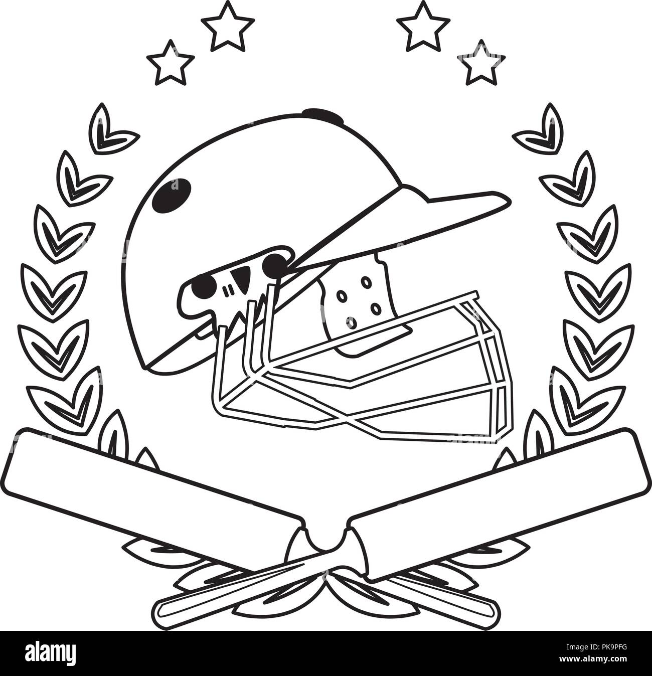 Cricket helmet on wreaht with stars in black and white Stock Vector