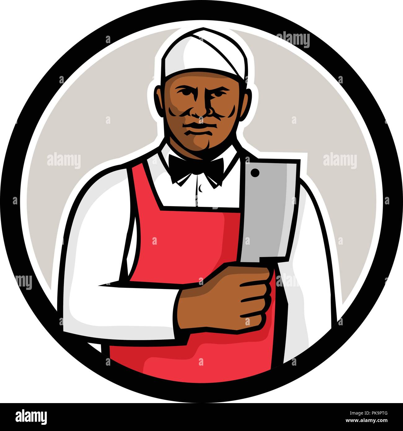 Mascot style illustration of a black African American butcher holding meat cleaver viewed from front set inside circle on isolated white background. Stock Vector