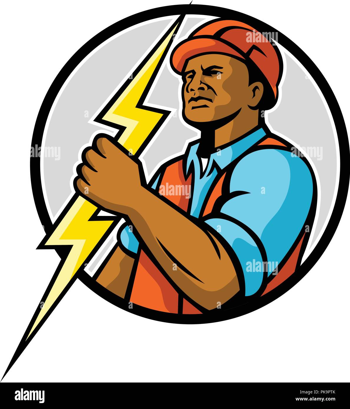 Mascot illustration of a black African American electrician or power lineman holding a lightning bolt set inside circle on isolated white background Stock Vector
