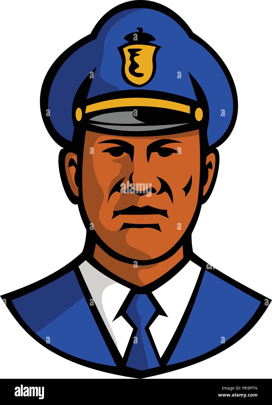 Mascot illustration of bust of a black African American policeman or police officer wearing hat viewed from front on isolated white background. Stock Vector