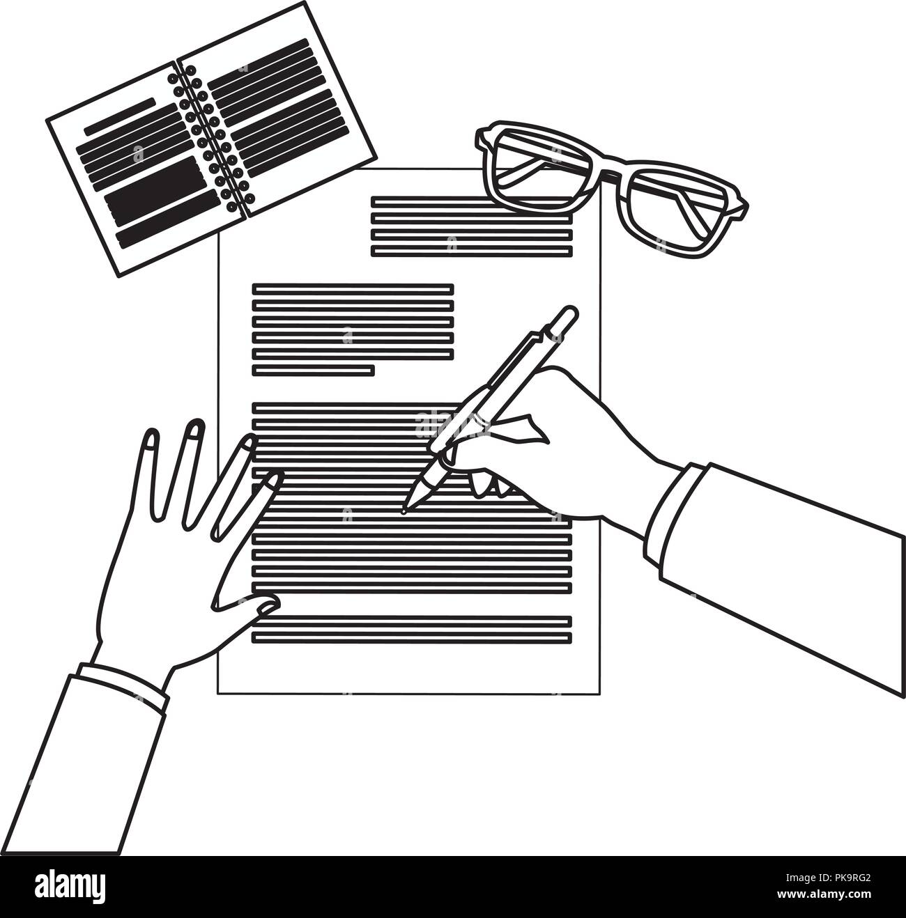 Hand writing on document and glasses in black and white Stock Vector
