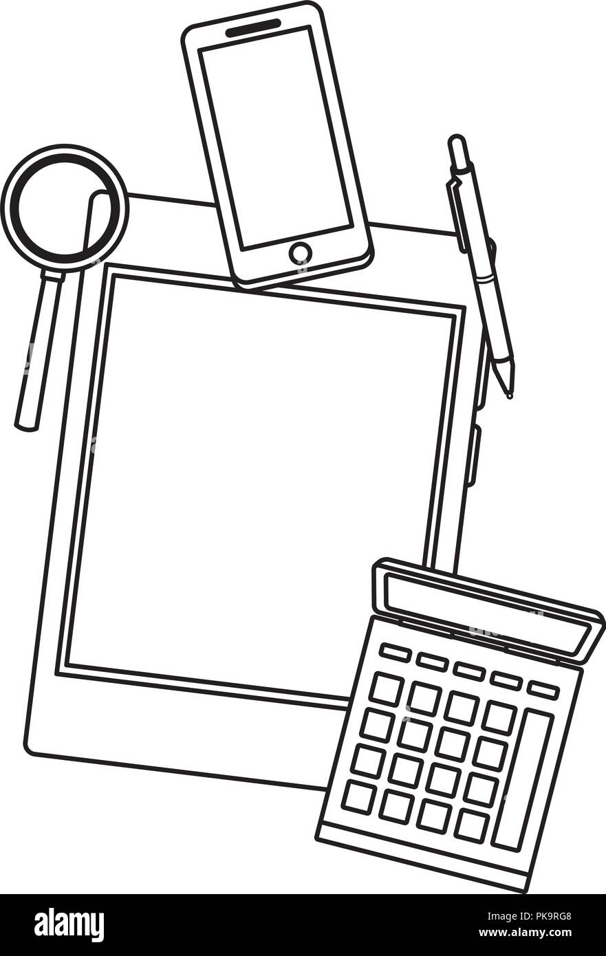Tablet and samrtphone with magnifying glass in black and white Stock ...