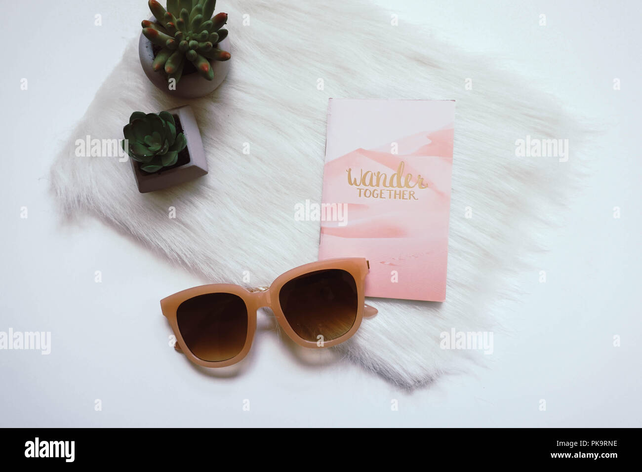 Bright, white flat lay photograph featuring succulents, fur rug, sunglasses, and a wander together notebook. Stock Photo