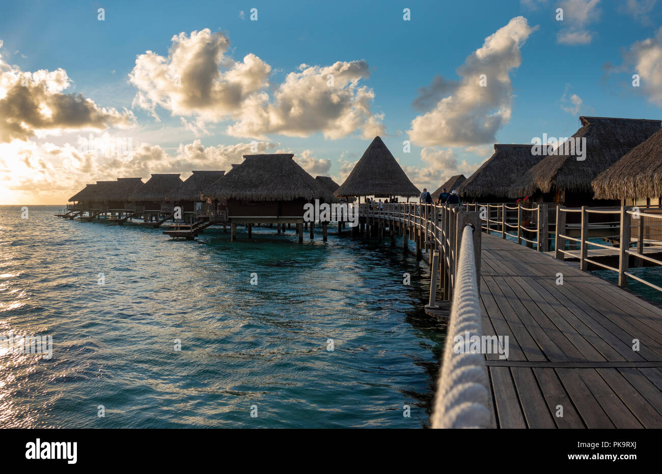 Over the water bungalows at the Hilton Lagoon Resort and Spa, Papetoai, Moorea, Tahiti, French Polynesia Stock Photo