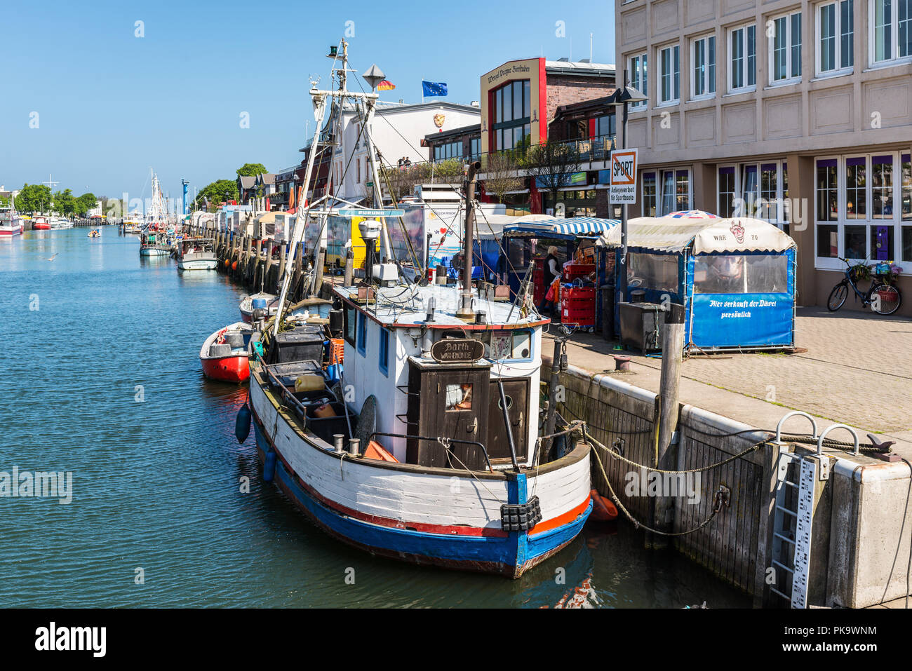 Rostock, Germany May 26, 2017 Fish market and boats on the peaceful