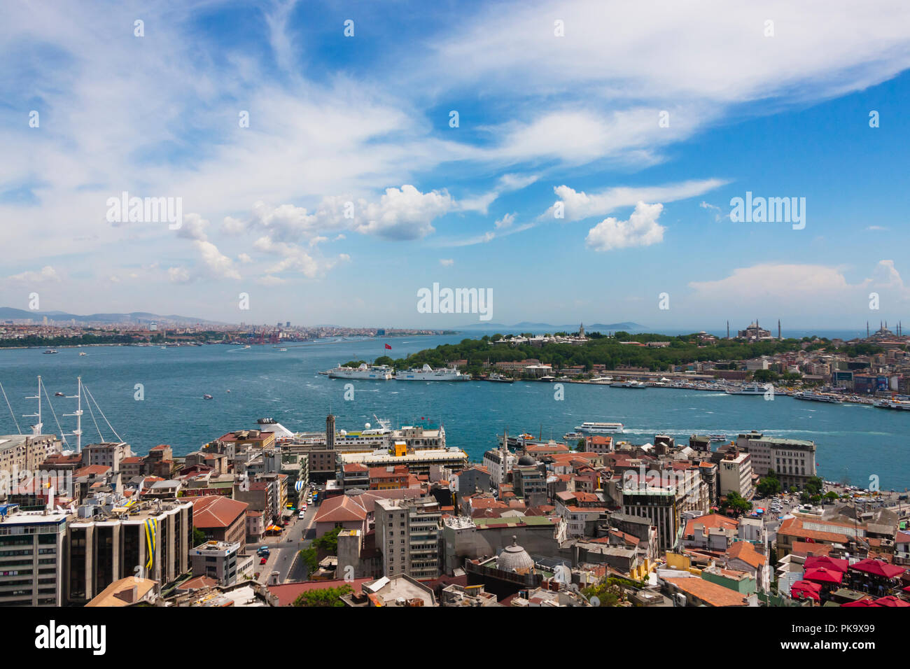 View of buildings and harbor on the Bosphorus, Golden Horn, Istanbul, Turkey Stock Photo