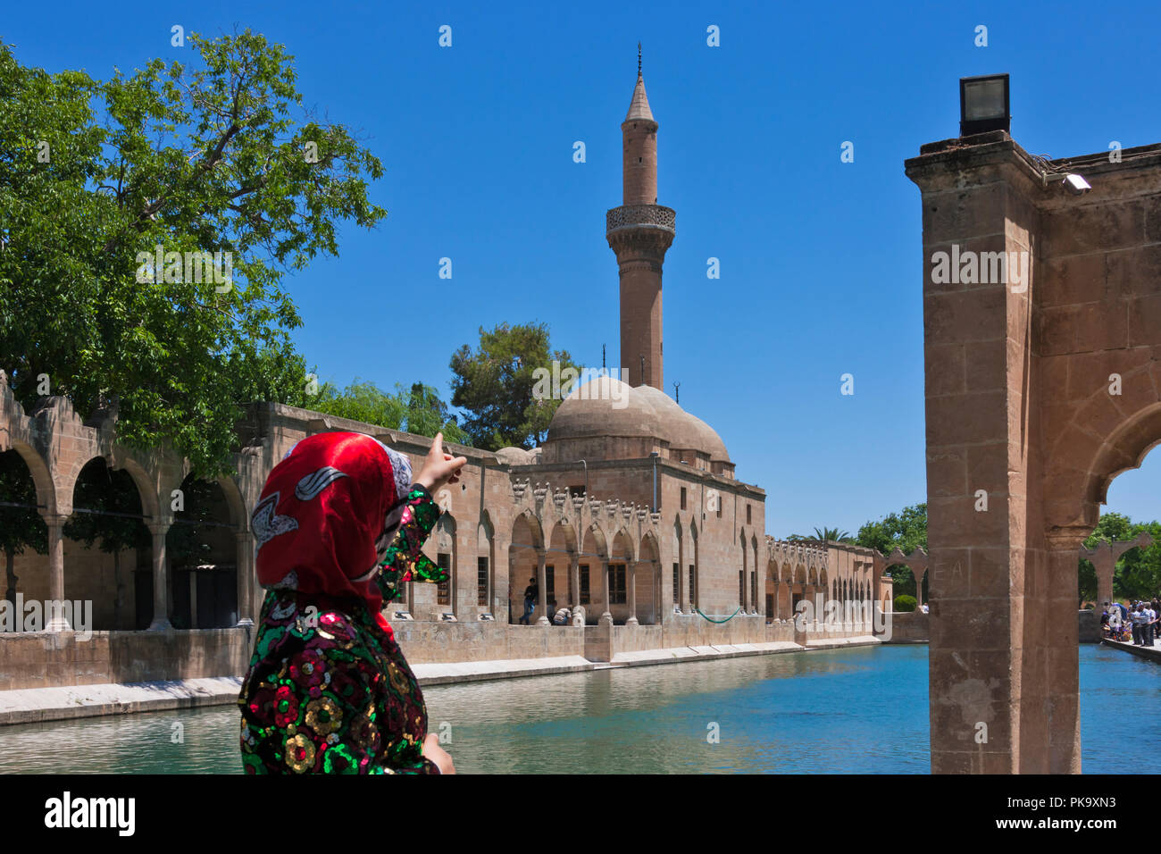 Woman in Halil-ur Rahman Mosque and Pool of Sacred Fish, Sanliurfa, Turkey Stock Photo