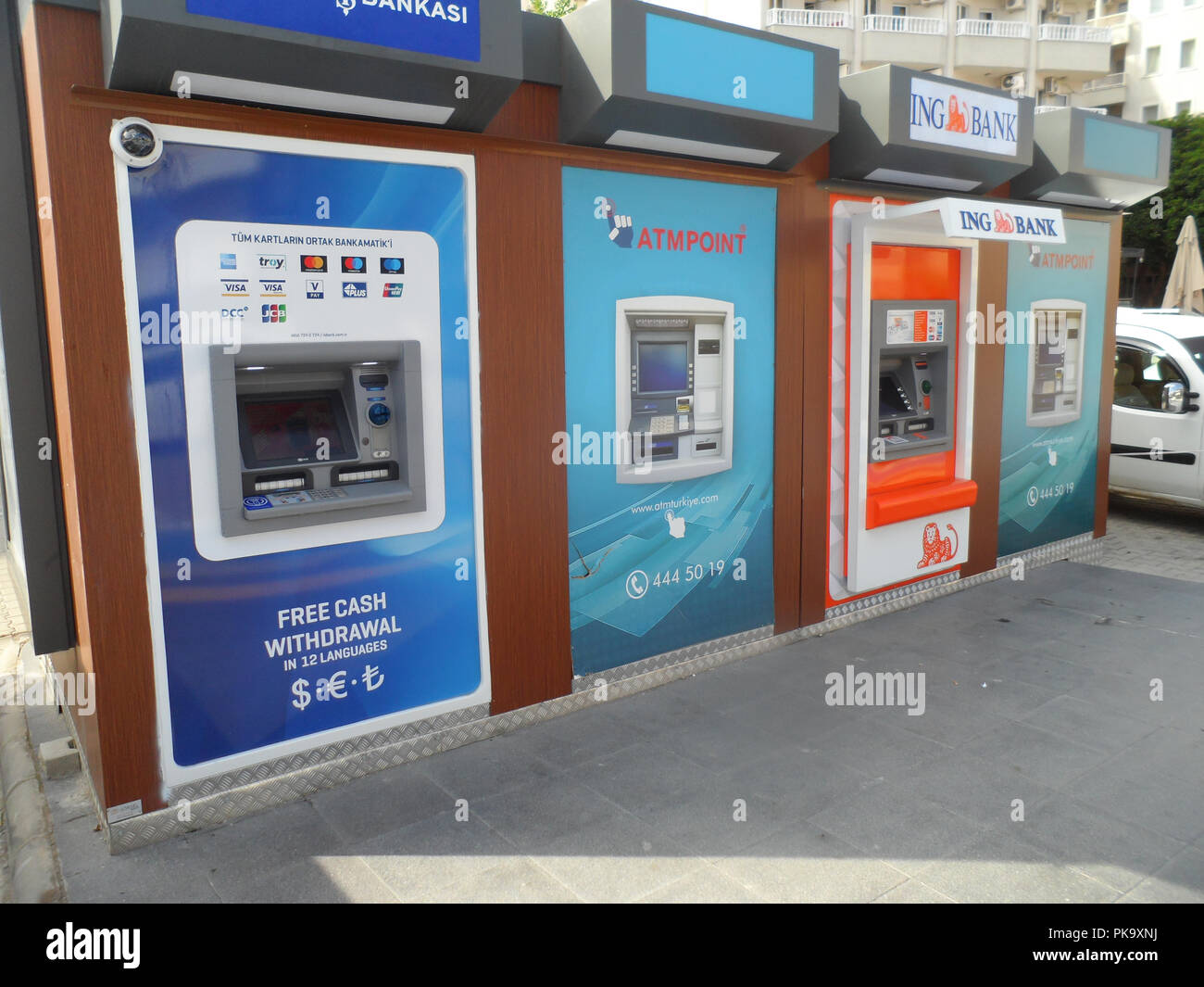 Freestanding outdoor ATM machines, cash machines at Marmaris, Mugla province, Turkey Stock Photo