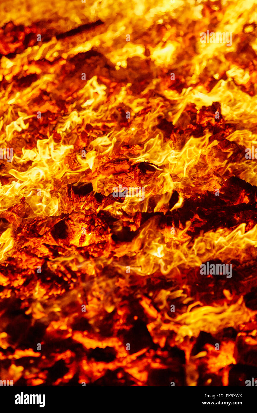 Fire. Volcano incandescent material. Hot charcoal bonfire. Carbon