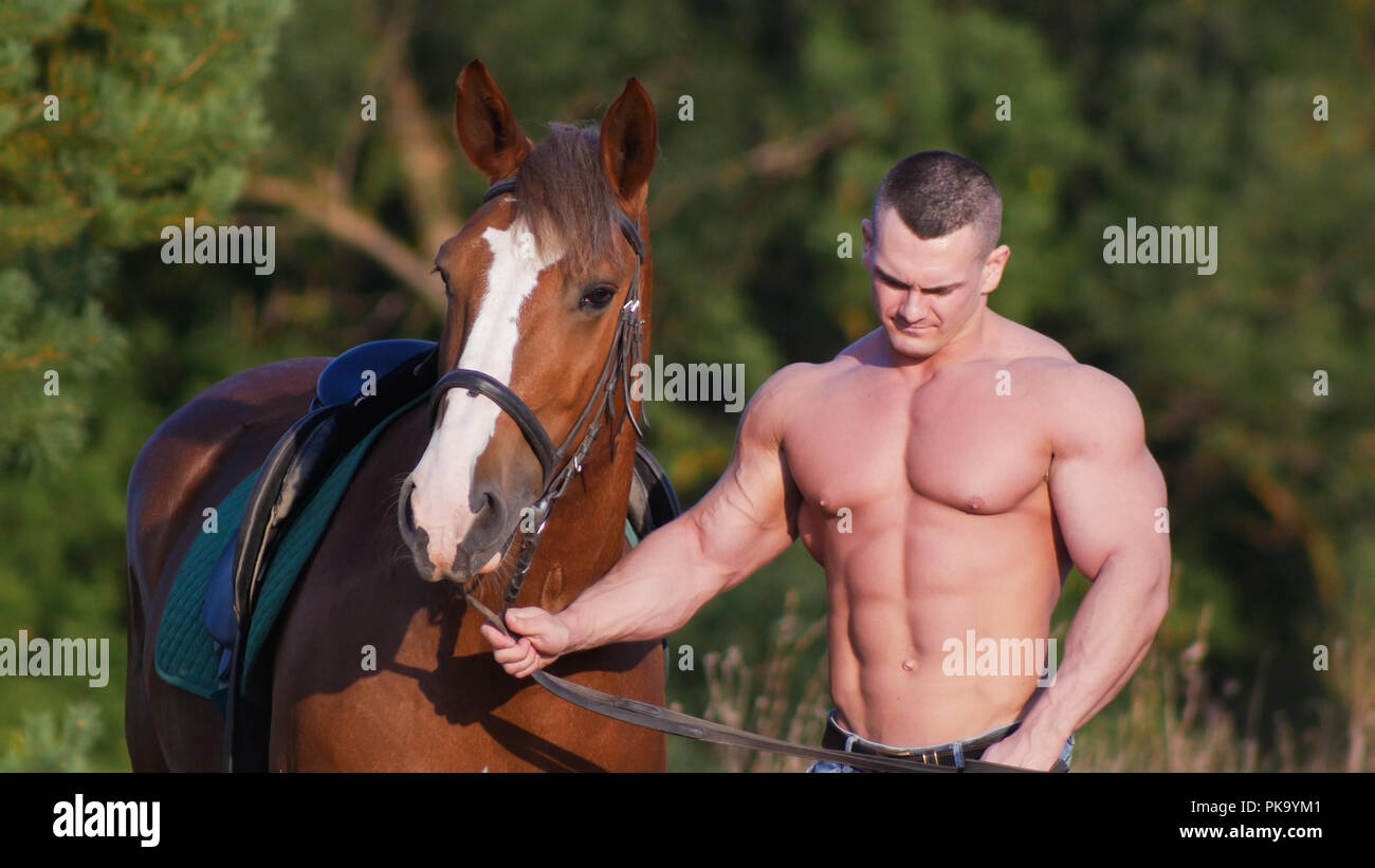 Male bodybuilder with a bare torso standing next to the horse, holding