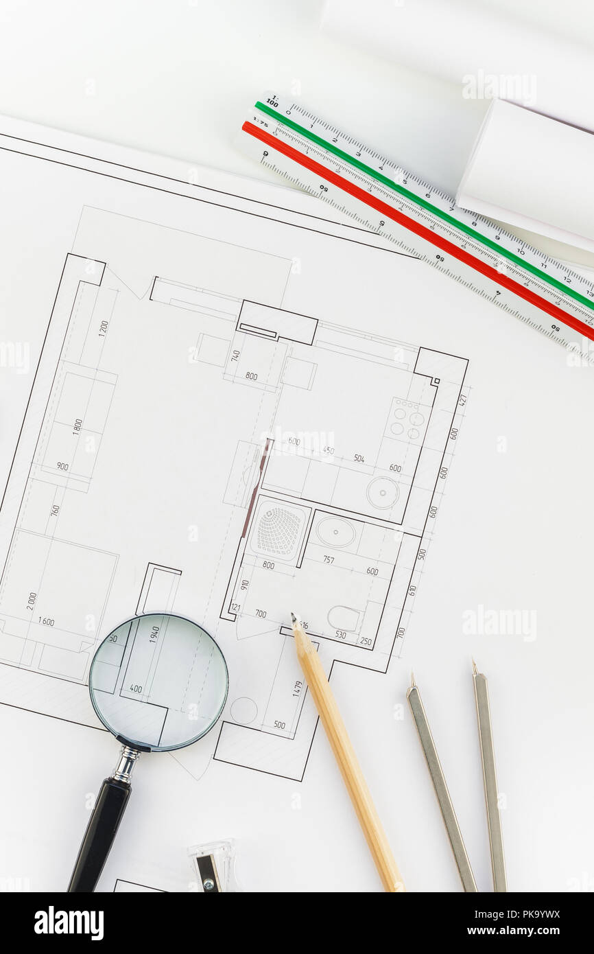 Creative flat lay overhead top view blueprints architectural flat project plan and office