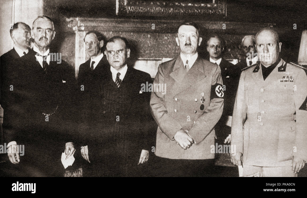 From left to right: Chamberlain, Daladier, Hitler, Mussolini, pictured in 1938 before signing the Munich Agreement which gave the Sudetenland to Germany.   Arthur Neville Chamberlain, 1869 –1940. British statesman of the Conservative Party and Prime Minister of the United Kingdom.  Édouard Daladier, 1884 – 1970. French radical  politician and the Prime Minister of France.  Adolf Hitler,1889 – 1945. German politician, demagogue, Pan-German revolutionary, leader of the Nazi Party, Chancellor of Germany, and Führer of Nazi Germany from 1934 to 1945.   Benito Amilcare Andrea Mussolini Stock Photo