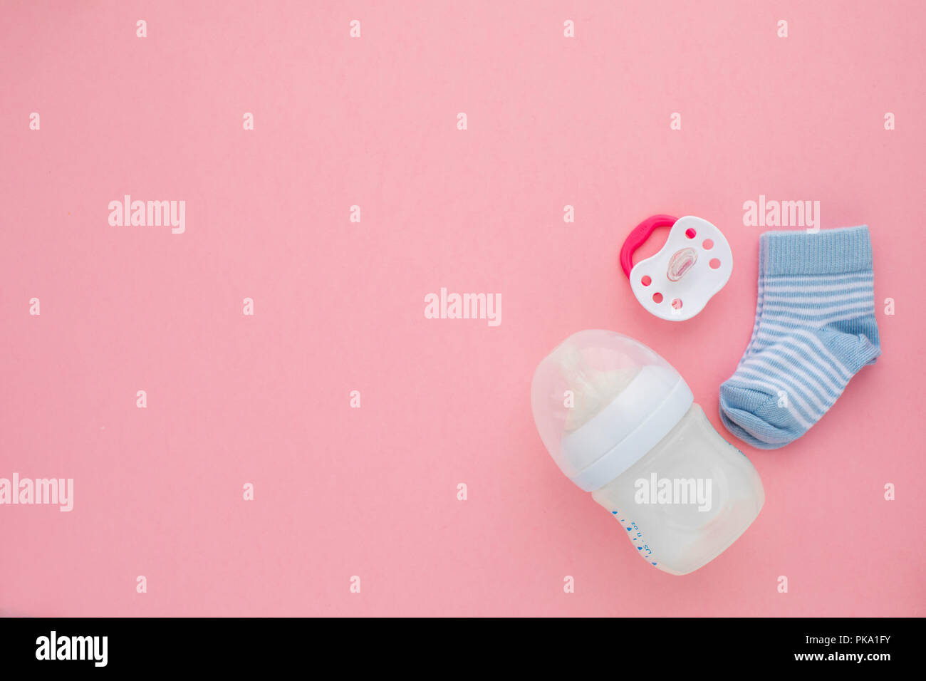 Top view of unisex newborn baby necessities Stock Photo