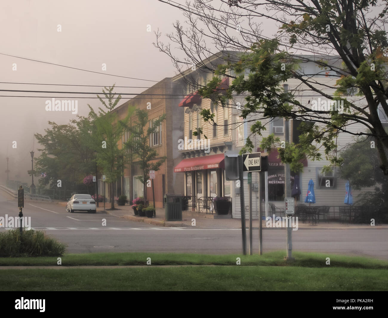 Oxford, New York, USA. September 4, 2018. Early morning fog in the small rural village of Oxford