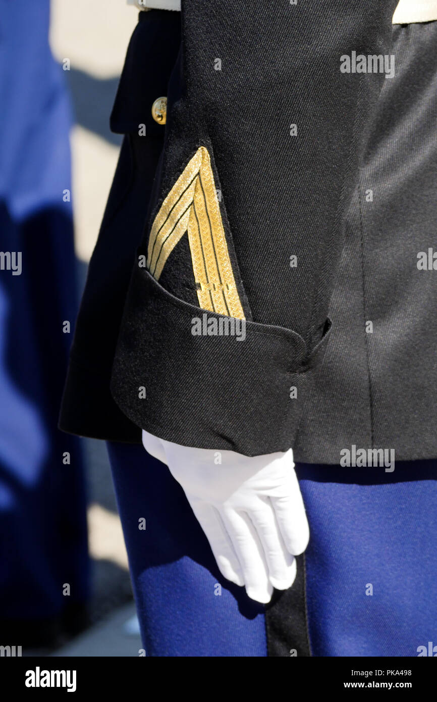 Gendarme uniform sleeve orned with staff sargeant stripes, Sathonay-Camp, France Stock Photo