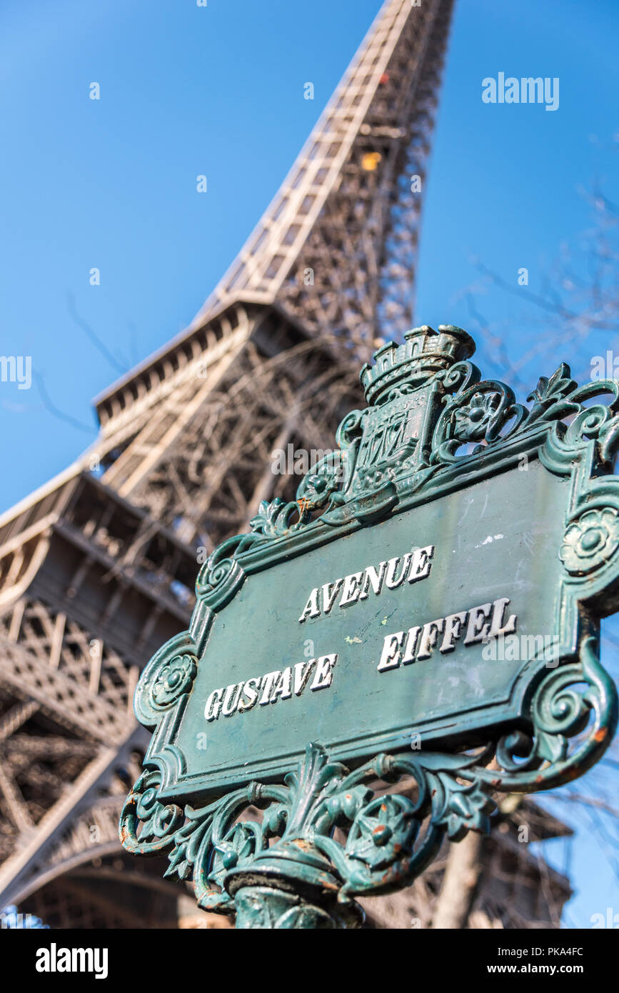 Gustave Eiffel Avenue sign at the base of the Eiffel Tower in Paris France. Stock Photo