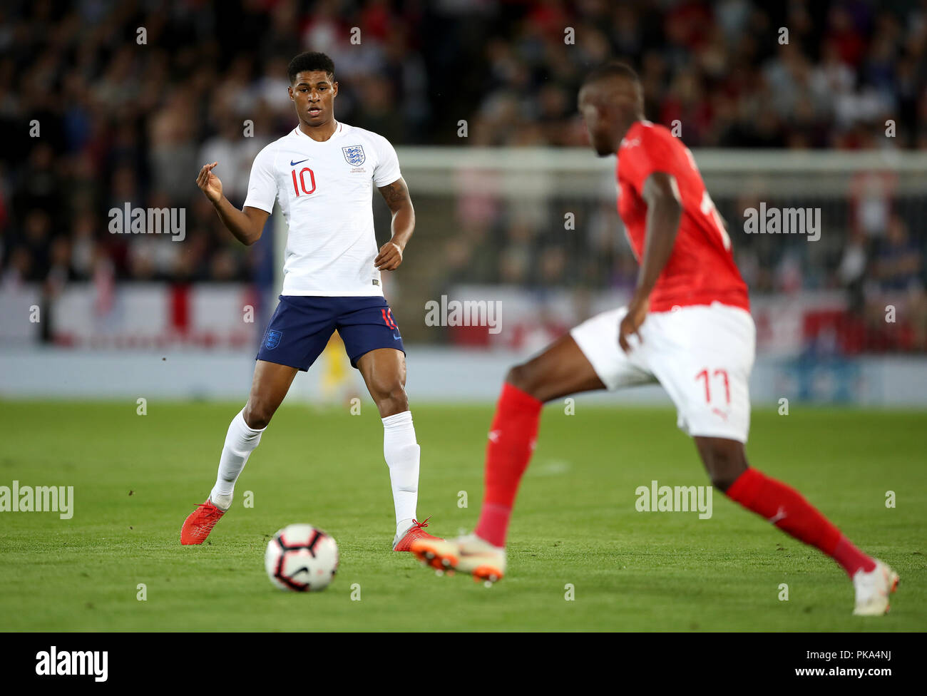 England's Marcus Rashford (left) during the International Friendly at The King Power Stadium, Leicester. PRESS ASSOCIATION Photo. Picture date: Tuesday September 11, 2018. See PA story SOCCER England. Photo credit should read: Nick Potts/PA Wire. Stock Photo