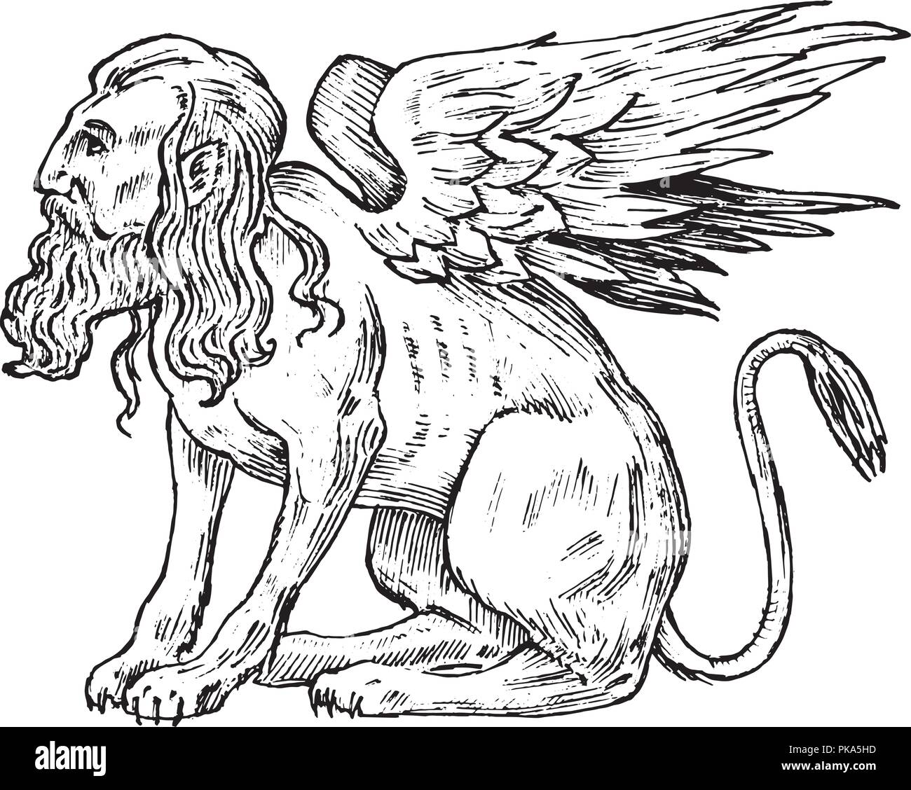Mythological animals. Mythical Sphinx. Ancient human bird, fantastic creatures in the old vintage style. Engraved hand drawn old sketch. Stock Vector