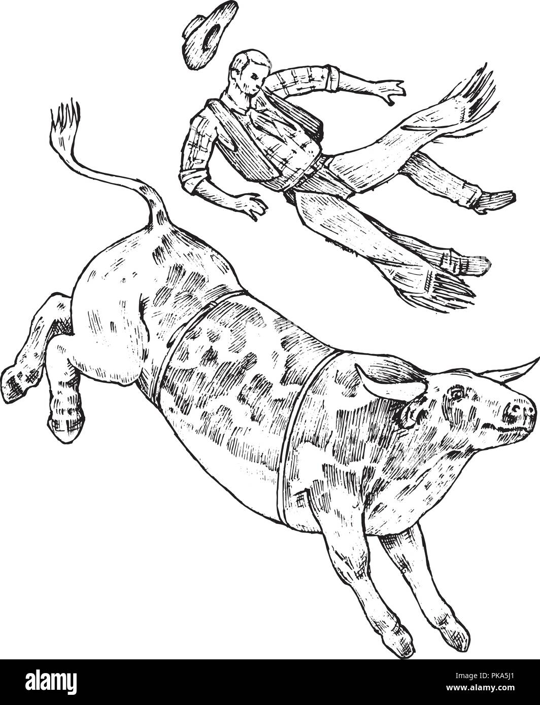 Enraged bull attacks the matador or bullfighter. Corrida de toros. Spanish traditional performance. Vintage style. Engraved hand drawn old sketch. Vector illustration. Stock Vector