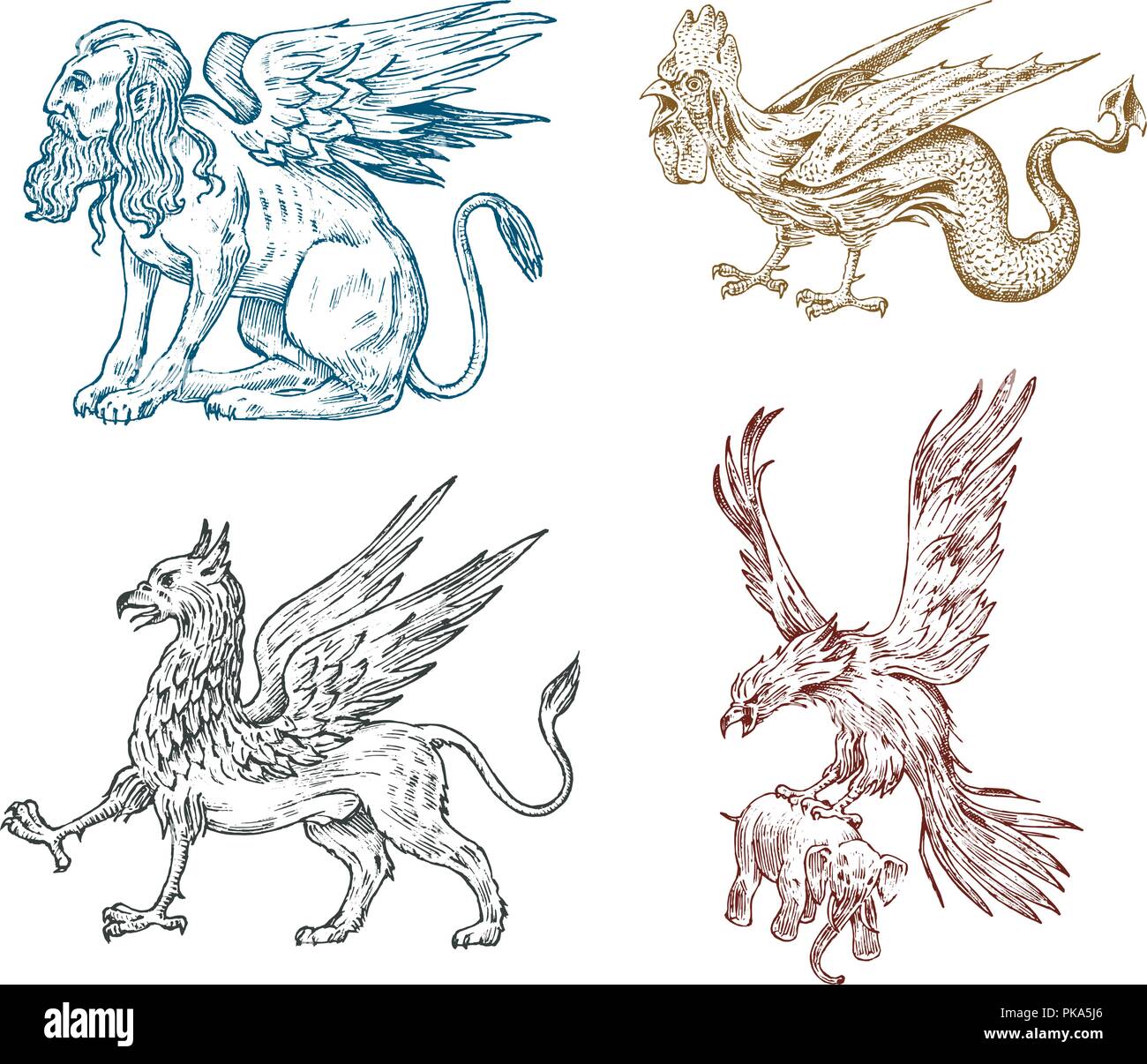 Mythological animals. Sphinx Griffin Mythical Basilisk antique Roc. Ancient Birds, fantastic creatures in the old vintage style. Engraved hand drawn old sketch. Stock Vector