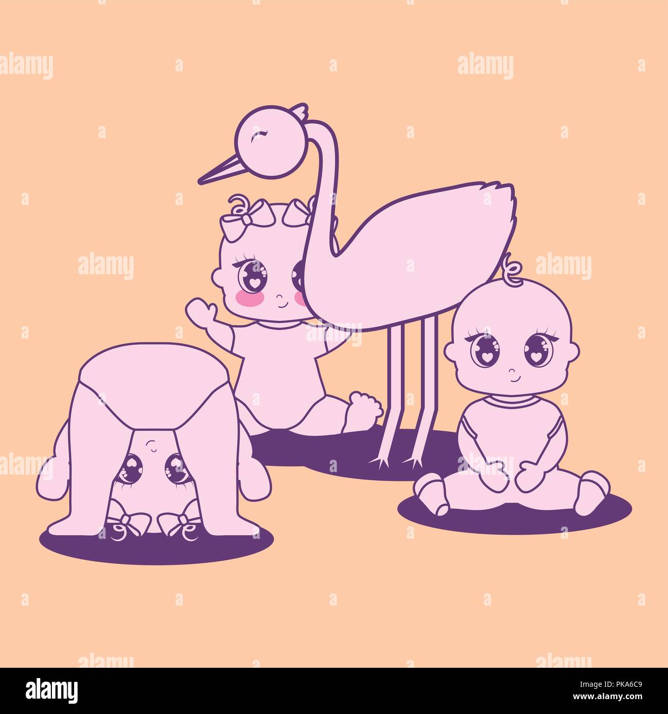 baby shower card with little girls and stork vector illustration design ...