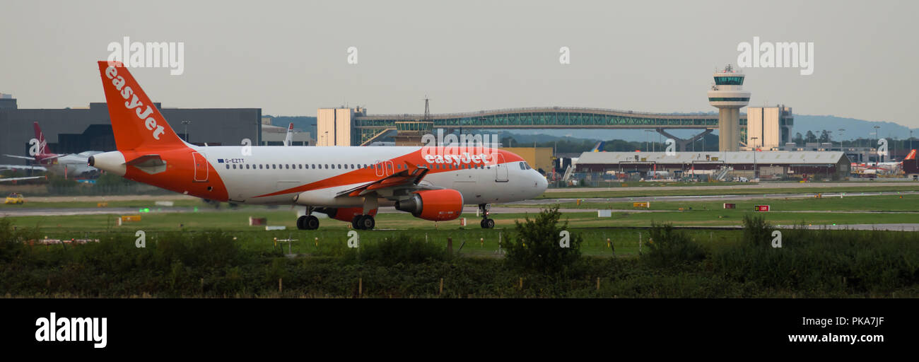 GATWICK AIRPORT, ENGLAND, UK – AUGUST 30 2018: An easyJet Airlines plane prepares to take off from Gatwick Airport. Stock Photo
