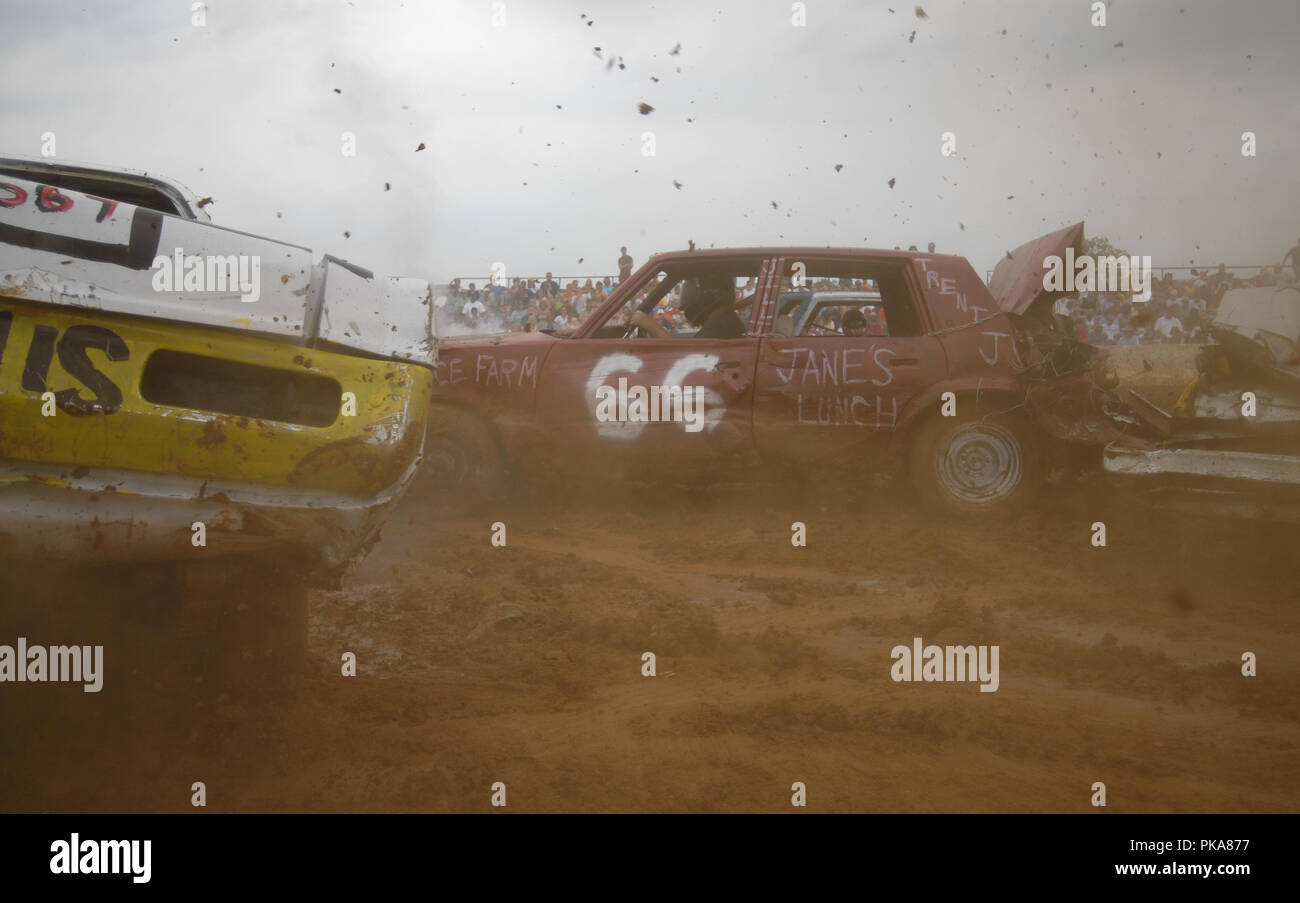 Action in the demolition derbies at the Clark County Fair. The Clarke