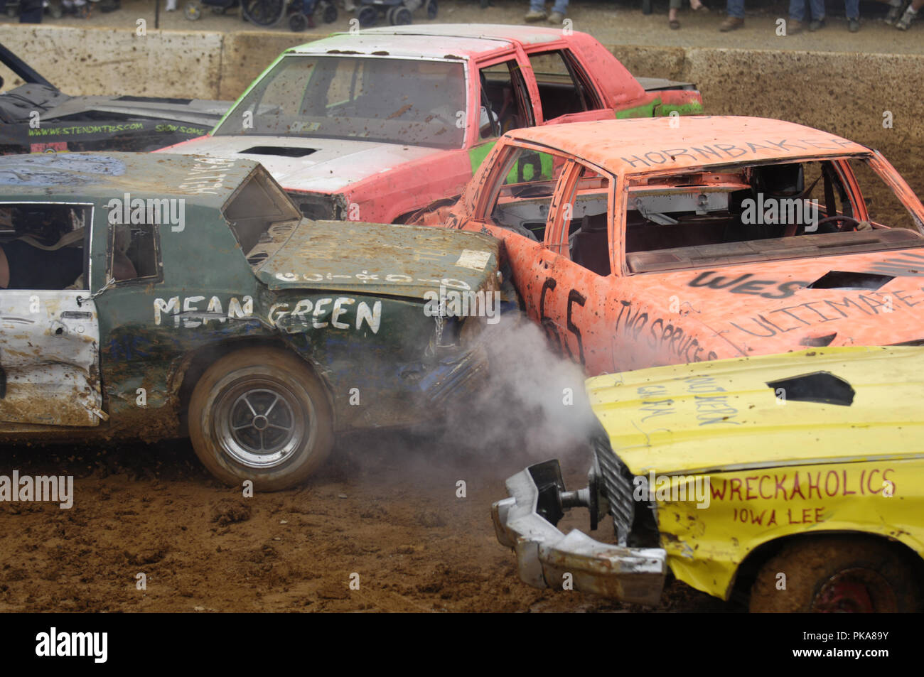 Action in the demolition derbies at the Clark County Fair. The Clarke