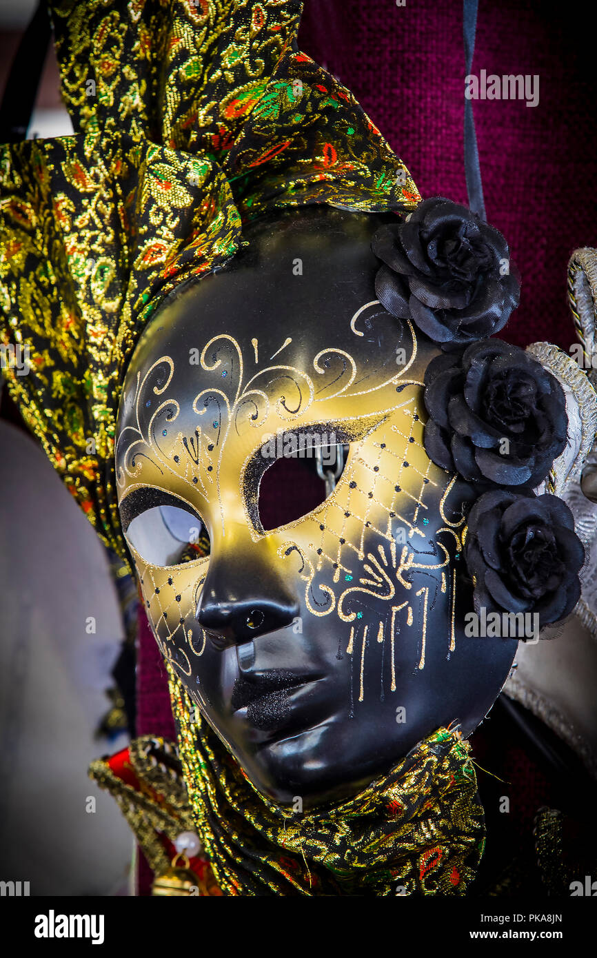 The traditional beautiful mask for participation in the carnival is shot closeup Stock