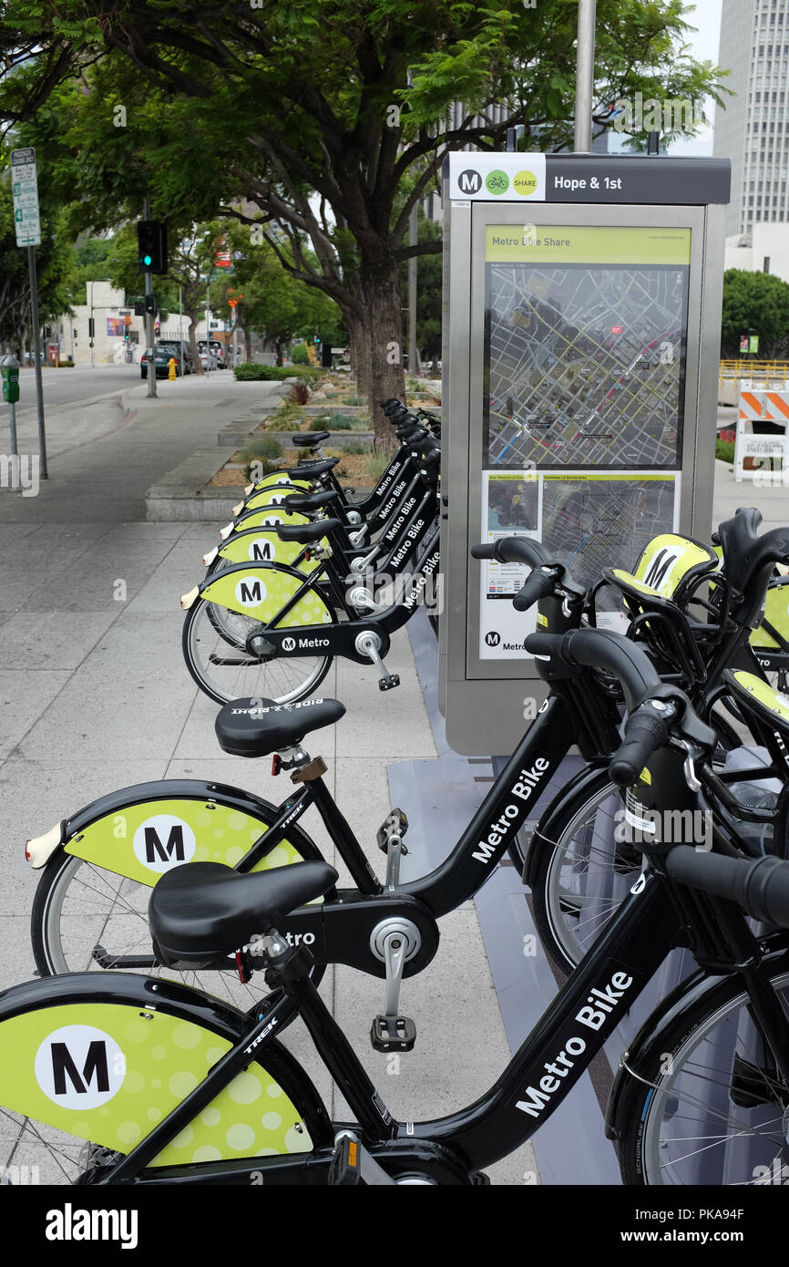 LOS ANGELES, SEPT 2, 2018: Metro Bike Share Regional bike share program, administered by the Los Angeles County Metropolitan Transportation Authority. Stock Photo