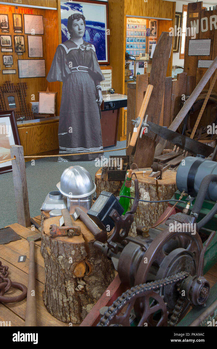 Logging exhibit, Waldport Heritage Museum, Waldport, Oregon Stock Photo